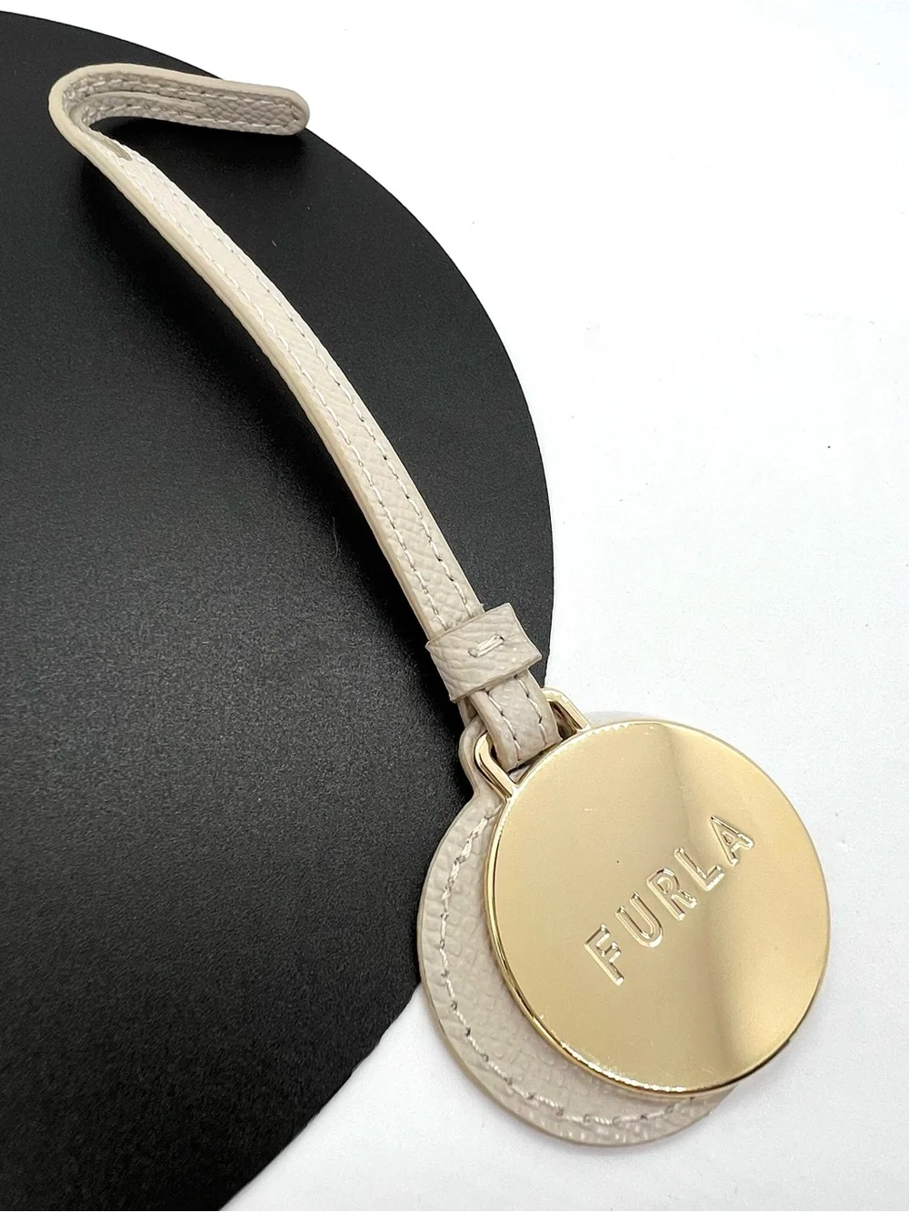 Furla Leather Gold Arch Round Logo Handbag Bag Charm Key Ring Beige